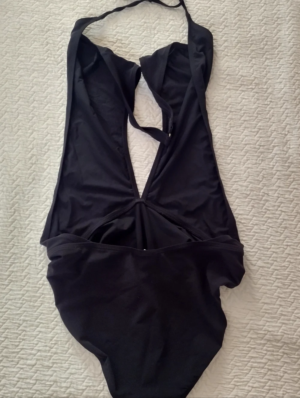 Tory Burch Solid Black Halter Neck Open Back Deep One Piece Swimsuit Sz L